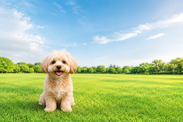 芝生のドッグランに座る小型犬